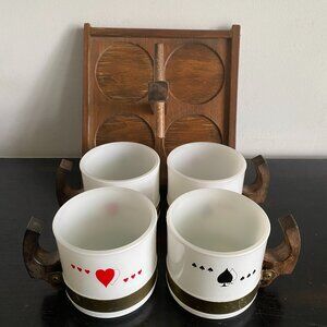 4 Vintage Siesta Ware Milk Glass Wooden Handle Mug Set Playing Cards Design